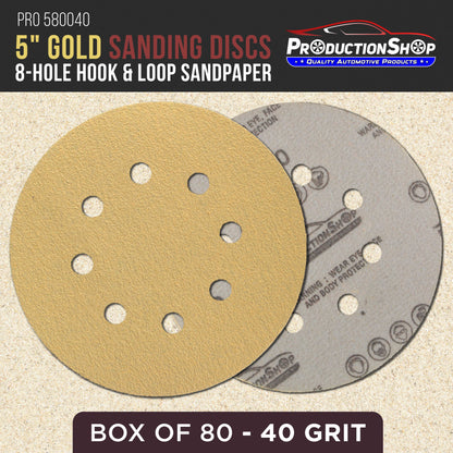 Premium 40 Grit 5" Gold Sanding Discs, 8-Hole Pattern, Box of 80 - Dustless Hook & Loop Backing Sandpaper for DA & Random Orbital Sanders