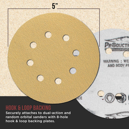 Premium 40 Grit 5" Gold Sanding Discs, 8-Hole Pattern, Box of 80 - Dustless Hook & Loop Backing Sandpaper for DA & Random Orbital Sanders