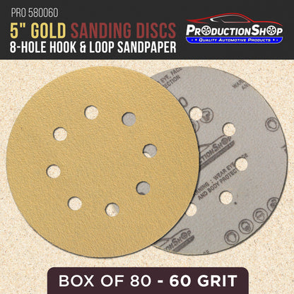 Premium 60 Grit 5" Gold Sanding Discs, 8-Hole Pattern, Box of 80 - Dustless Hook & Loop Backing Sandpaper for DA & Random Orbital Sanders