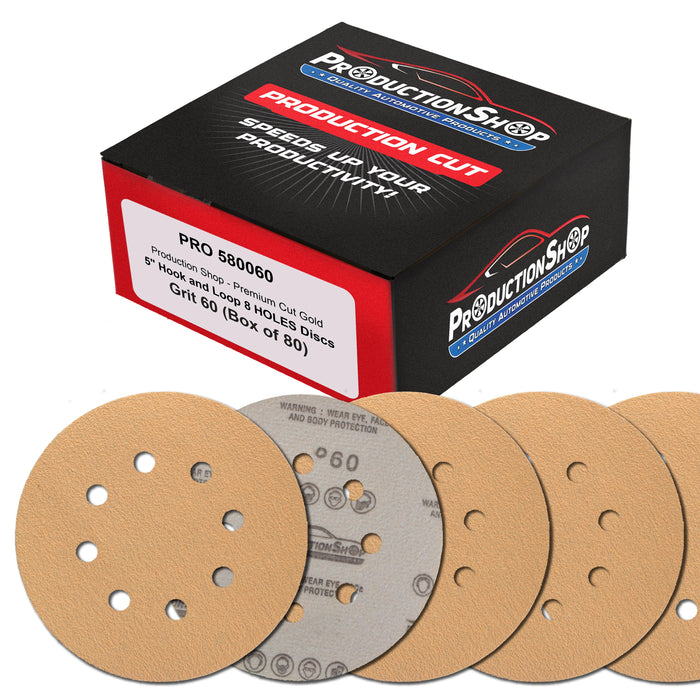 Premium 60 Grit 5" Gold Sanding Discs, 8-Hole Pattern, Box of 80 - Dustless Hook & Loop Backing Sandpaper for DA & Random Orbital Sanders, Sand Auto Paint, Wood, Woodworking Furniture