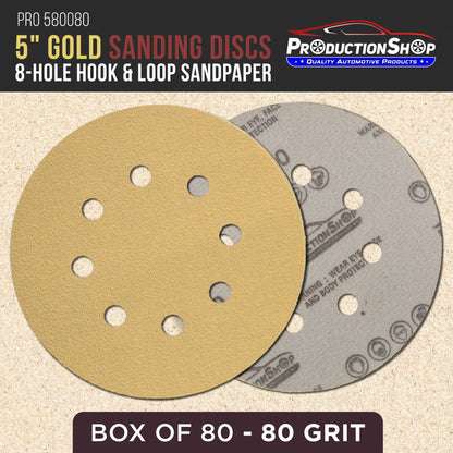 Premium 80 Grit 5" Gold Sanding Discs, 8-Hole Pattern, Box of 100 - Dustless Hook & Loop Backing Sandpaper for DA & Random Orbital Sanders