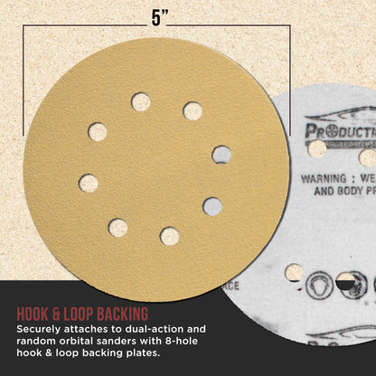 Premium 80 Grit 5" Gold Sanding Discs, 8-Hole Pattern, Box of 100 - Dustless Hook & Loop Backing Sandpaper for DA & Random Orbital Sanders