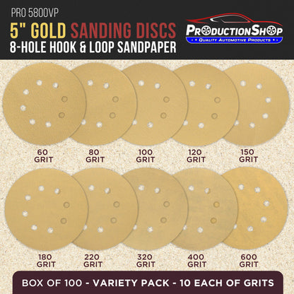 Premium 5" Gold Sanding Discs, 8-Hole Pattern, 100 Disc Variety Pack, Grits 60, 80, 100, 120, 150, 180, 220, 320, 400, 600 - Heavy-Duty Hook & Loop Sandpaper, DA, Random Orbital Sander