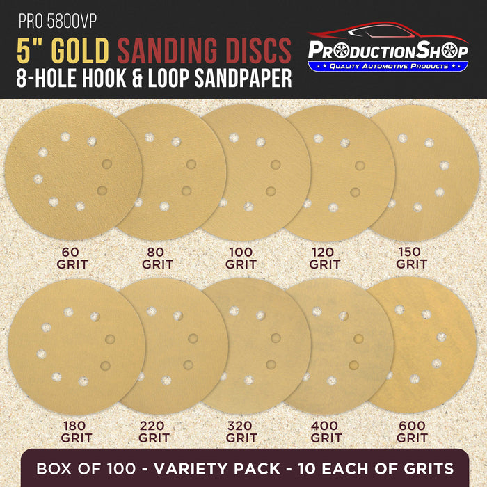 Premium 5" Gold Sanding Discs, 8-Hole Pattern, 100 Disc Variety Pack, Grits 60, 80, 100, 120, 150, 180, 220, 320, 400, 600 - Heavy-Duty Hook & Loop Sandpaper, DA, Random Orbital Sander