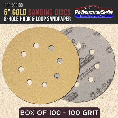 Premium 100 Grit 5" Gold Sanding Discs, 8-Hole Pattern, Box of 100 - Dustless Hook & Loop Backing Sandpaper for DA & Random Orbital Sanders