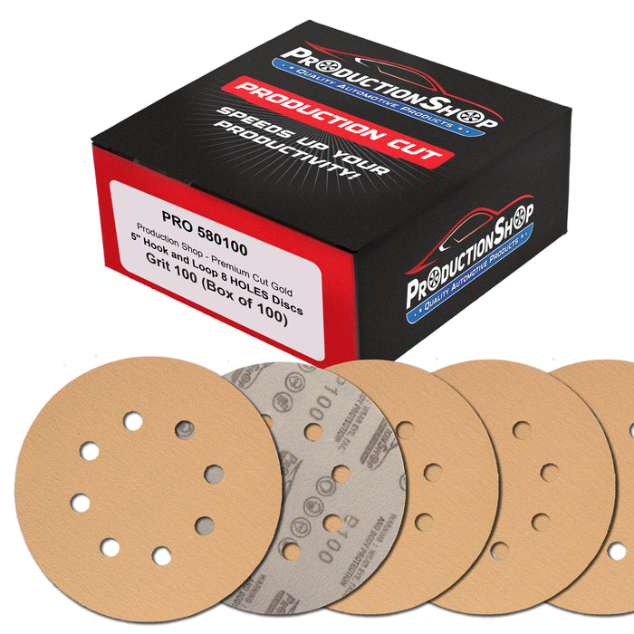 Premium 100 Grit 5" Gold Sanding Discs, 8-Hole Pattern, Box of 100 - Dustless Hook & Loop Backing Sandpaper for DA & Random Orbital Sanders, Sand Auto Paint, Wood Woodworking Furniture