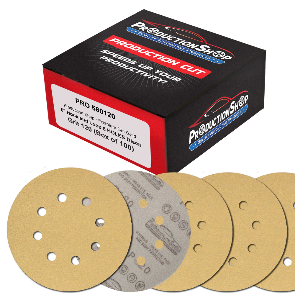 Premium 120 Grit 5" Gold Sanding Discs, 8-Hole Pattern, Box of 100 - Dustless Hook & Loop Backing Sandpaper for DA & Random Orbital Sanders, Sand Auto Paint, Wood Woodworking Furniture