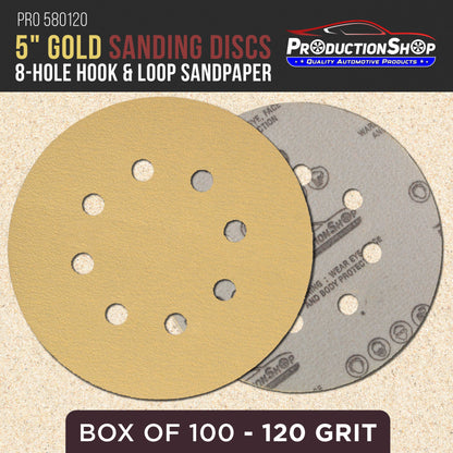 Premium 120 Grit 5" Gold Sanding Discs, 8-Hole Pattern, Box of 100 - Dustless Hook & Loop Backing Sandpaper for DA & Random Orbital Sanders