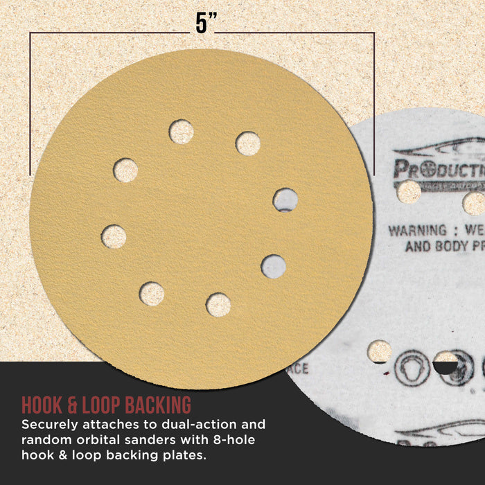 Premium 120 Grit 5" Gold Sanding Discs, 8-Hole Pattern, Box of 100 - Dustless Hook & Loop Backing Sandpaper for DA & Random Orbital Sanders, Sand Auto Paint, Wood Woodworking Furniture