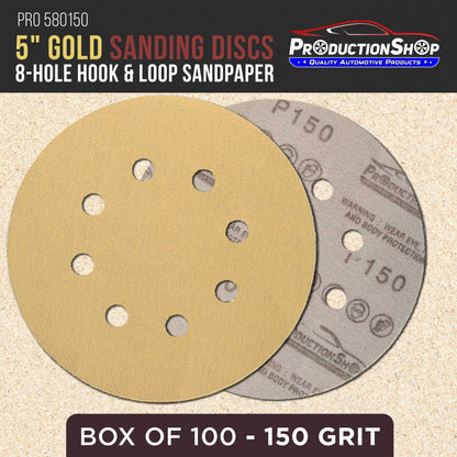 Premium 150 Grit 5" Gold Sanding Discs, 8-Hole Pattern, Box of 100 - Dustless Hook & Loop Backing Sandpaper for DA & Random Orbital Sanders