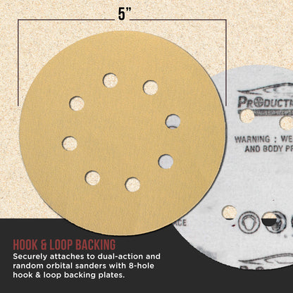 Premium 150 Grit 5" Gold Sanding Discs, 8-Hole Pattern, Box of 100 - Dustless Hook & Loop Backing Sandpaper for DA & Random Orbital Sanders