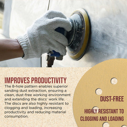 Premium 150 Grit 5" Gold Sanding Discs, 8-Hole Pattern, Box of 100 - Dustless Hook & Loop Backing Sandpaper for DA & Random Orbital Sanders