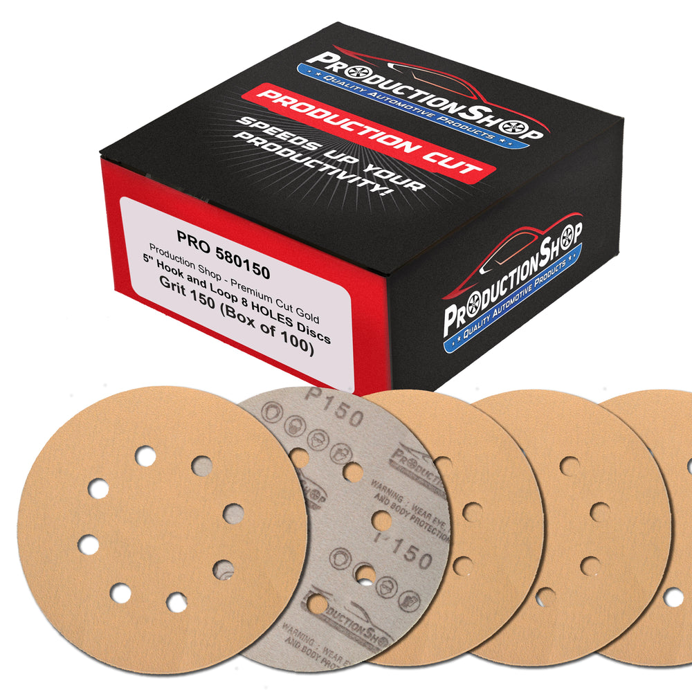 Premium 150 Grit 5" Gold Sanding Discs, 8-Hole Pattern, Box of 100 - Dustless Hook & Loop Backing Sandpaper for DA & Random Orbital Sanders, Sand Auto Paint, Wood Woodworking Furniture