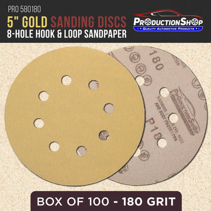 Premium 180 Grit 5" Gold Sanding Discs, 8-Hole Pattern, Box of 100 - Dustless Hook & Loop Backing Sandpaper for DA & Random Orbital Sanders