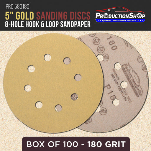 Premium 180 Grit 5" Gold Sanding Discs, 8-Hole Pattern, Box of 100 - Dustless Hook & Loop Backing Sandpaper for DA & Random Orbital Sanders, Sand Auto Paint, Wood Woodworking Furniture