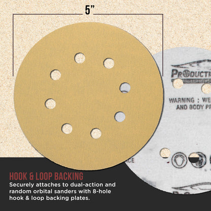 Premium 180 Grit 5" Gold Sanding Discs, 8-Hole Pattern, Box of 100 - Dustless Hook & Loop Backing Sandpaper for DA & Random Orbital Sanders