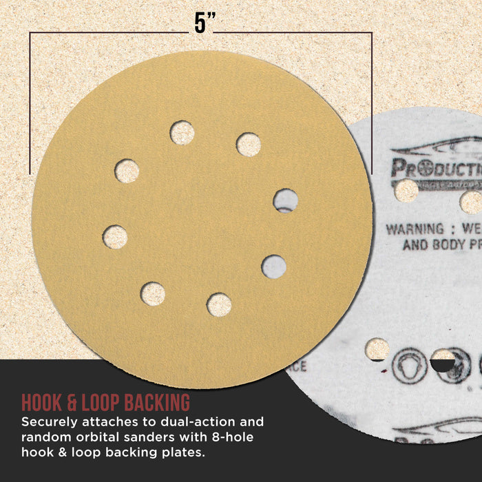 Premium 180 Grit 5" Gold Sanding Discs, 8-Hole Pattern, Box of 100 - Dustless Hook & Loop Backing Sandpaper for DA & Random Orbital Sanders, Sand Auto Paint, Wood Woodworking Furniture