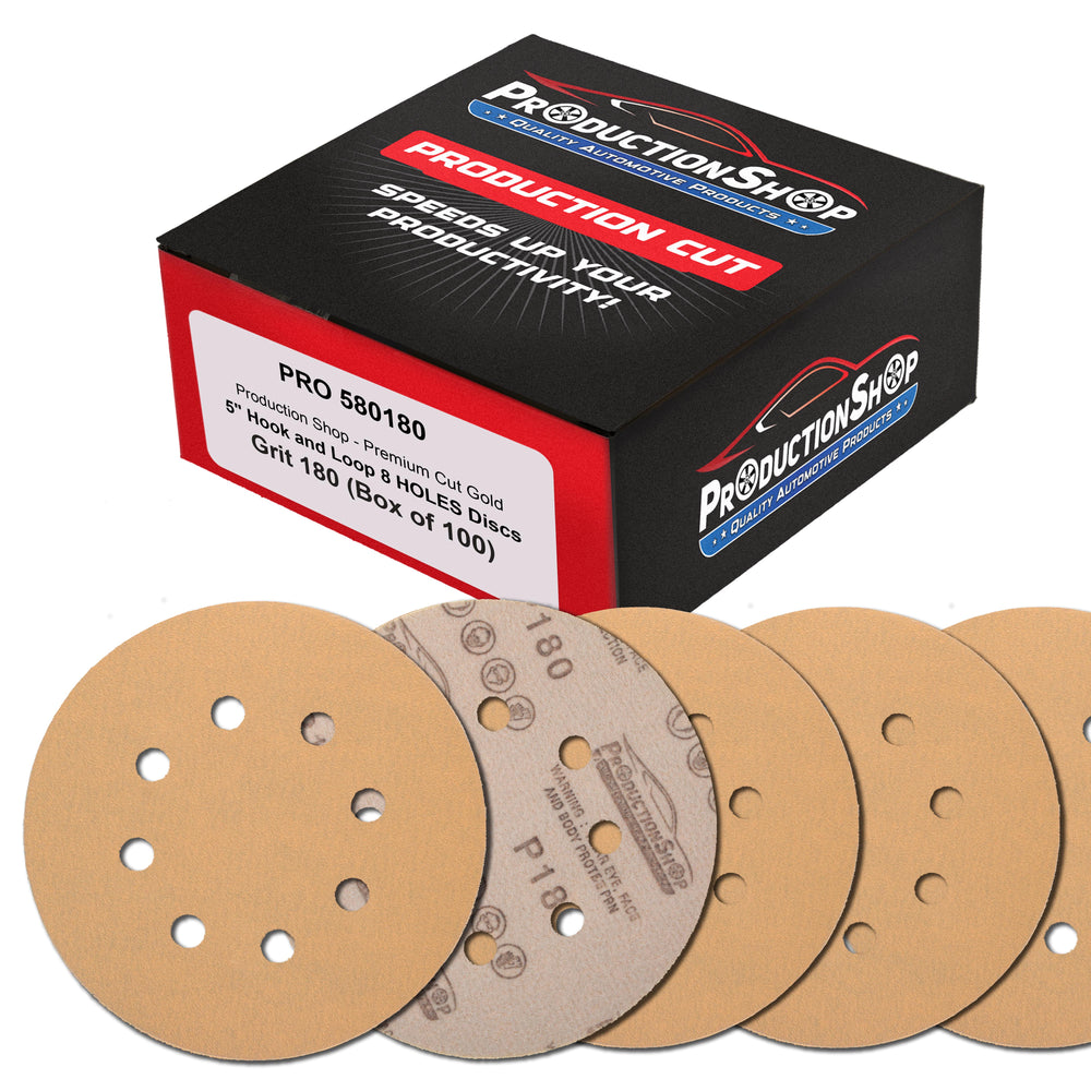 Premium 180 Grit 5" Gold Sanding Discs, 8-Hole Pattern, Box of 100 - Dustless Hook & Loop Backing Sandpaper for DA & Random Orbital Sanders, Sand Auto Paint, Wood Woodworking Furniture