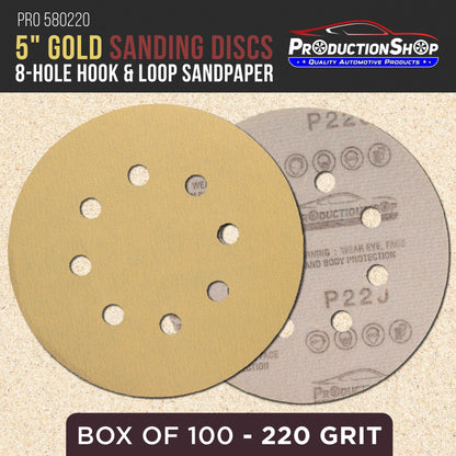 Premium 220 Grit 5" Gold Sanding Discs, 8-Hole Pattern, Box of 100 - Dustless Hook & Loop Backing Sandpaper for DA & Random Orbital Sanders