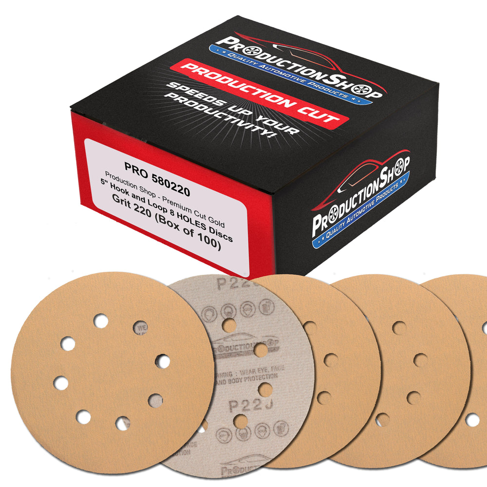 Premium 220 Grit 5" Gold Sanding Discs, 8-Hole Pattern, Box of 100 - Dustless Hook & Loop Backing Sandpaper for DA & Random Orbital Sanders, Sand Auto Paint, Wood Woodworking Furniture