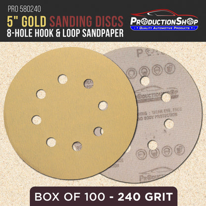 Premium 240 Grit 5" Gold Sanding Discs, 8-Hole Pattern, Box of 100 - Dustless Hook & Loop Backing Sandpaper for DA & Random Orbital Sanders