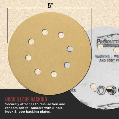 Premium 240 Grit 5" Gold Sanding Discs, 8-Hole Pattern, Box of 100 - Dustless Hook & Loop Backing Sandpaper for DA & Random Orbital Sanders