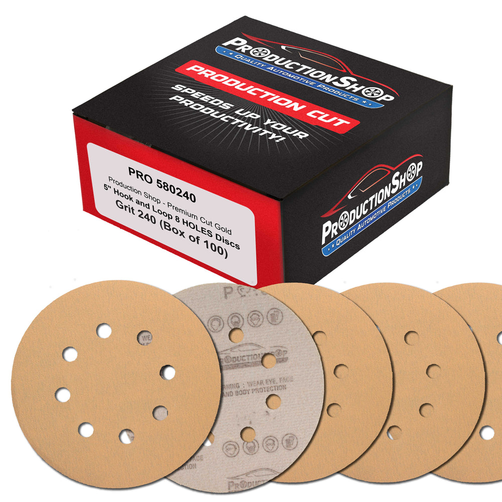 Premium 240 Grit 5" Gold Sanding Discs, 8-Hole Pattern, Box of 100 - Dustless Hook & Loop Backing Sandpaper for DA & Random Orbital Sanders, Sand Auto Paint, Wood Woodworking Furniture