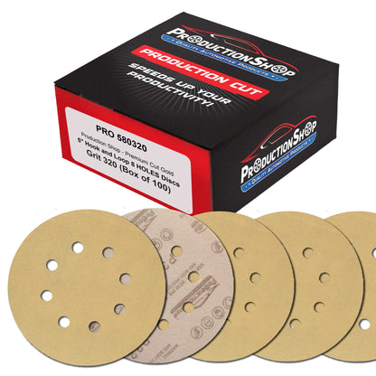 Premium 320 Grit 5" Gold Sanding Discs, 8-Hole Pattern, Box of 100 - Dustless Hook & Loop Backing Sandpaper for DA & Random Orbital Sanders