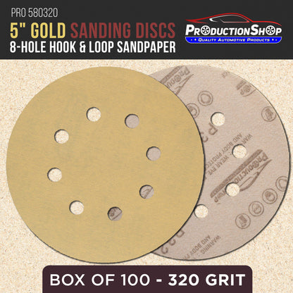 Premium 320 Grit 5" Gold Sanding Discs, 8-Hole Pattern, Box of 100 - Dustless Hook & Loop Backing Sandpaper for DA & Random Orbital Sanders