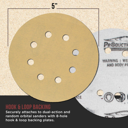 Premium 320 Grit 5" Gold Sanding Discs, 8-Hole Pattern, Box of 100 - Dustless Hook & Loop Backing Sandpaper for DA & Random Orbital Sanders
