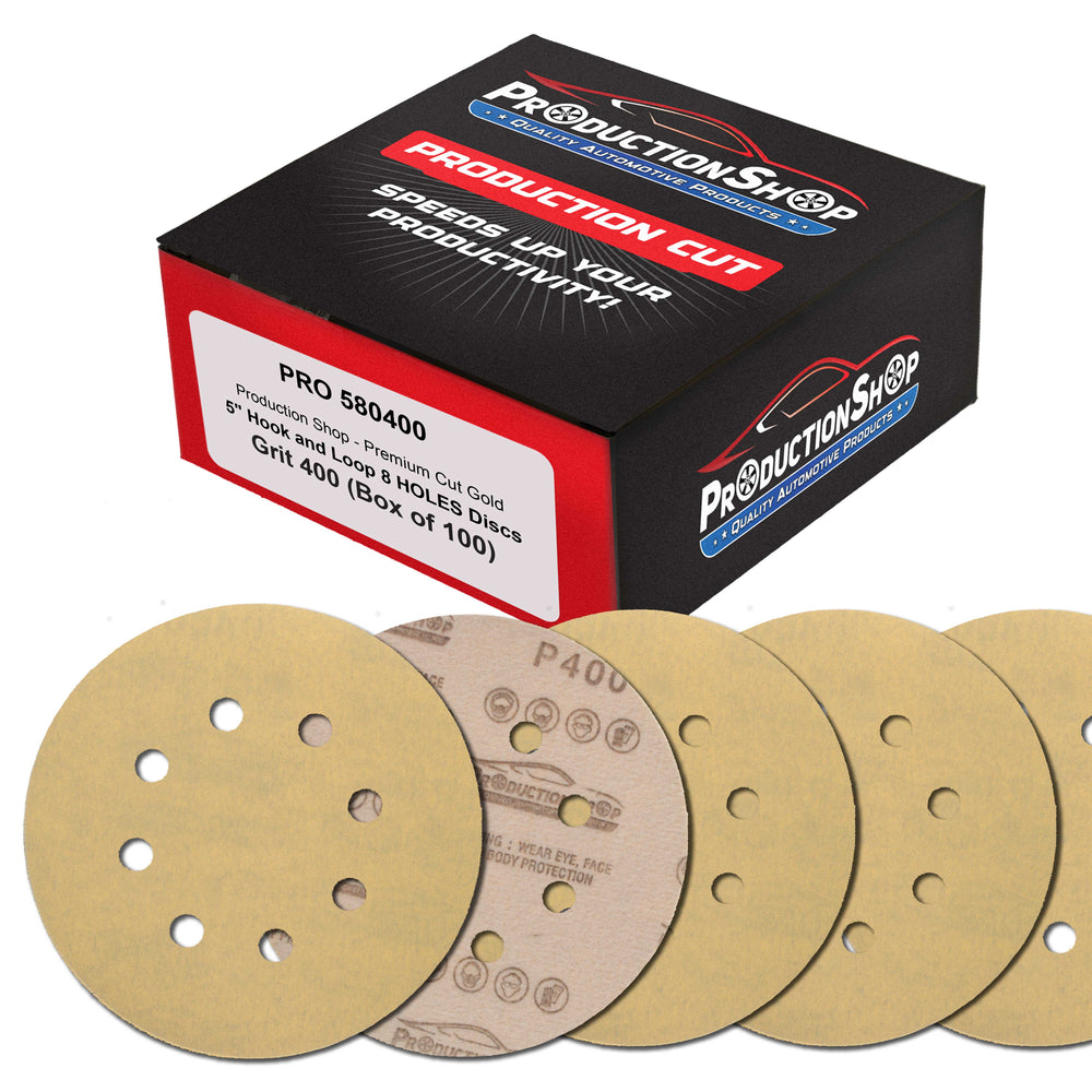 Premium 400 Grit 5" Gold Sanding Discs, 8-Hole Pattern, Box of 100 - Dustless Hook & Loop Backing Sandpaper for DA & Random Orbital Sanders, Sand Auto Paint, Wood Woodworking Furniture