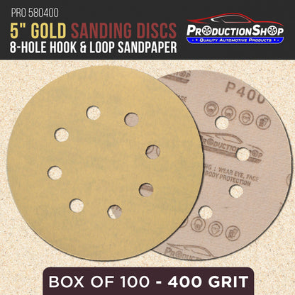 Premium 400 Grit 5" Gold Sanding Discs, 8-Hole Pattern, Box of 100 - Dustless Hook & Loop Backing Sandpaper for DA & Random Orbital Sanders