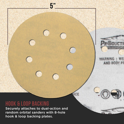 Premium 400 Grit 5" Gold Sanding Discs, 8-Hole Pattern, Box of 100 - Dustless Hook & Loop Backing Sandpaper for DA & Random Orbital Sanders