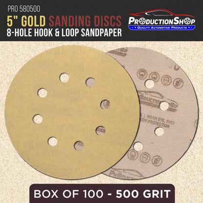 Premium 500 Grit 5" Gold Sanding Discs, 8-Hole Pattern, Box of 100 - Dustless Hook & Loop Backing Sandpaper for DA & Random Orbital Sanders