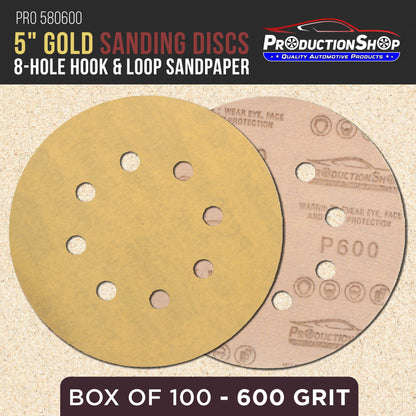 Premium 600 Grit 5" Gold Sanding Discs, 8-Hole Pattern, Box of 100 - Dustless Hook & Loop Backing Sandpaper for DA & Random Orbital Sanders