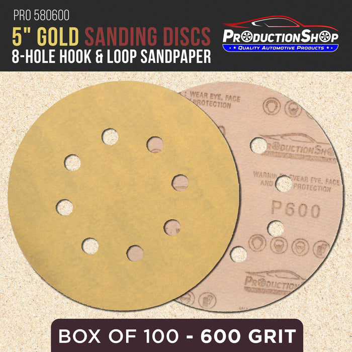 Premium 600 Grit 5" Gold Sanding Discs, 8-Hole Pattern, Box of 100 - Dustless Hook & Loop Backing Sandpaper for DA & Random Orbital Sanders, Sand Auto Paint, Wood Woodworking Furniture