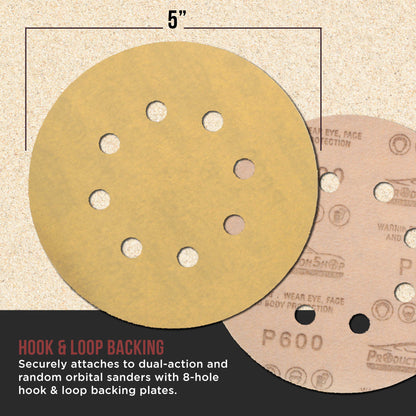 Premium 600 Grit 5" Gold Sanding Discs, 8-Hole Pattern, Box of 100 - Dustless Hook & Loop Backing Sandpaper for DA & Random Orbital Sanders