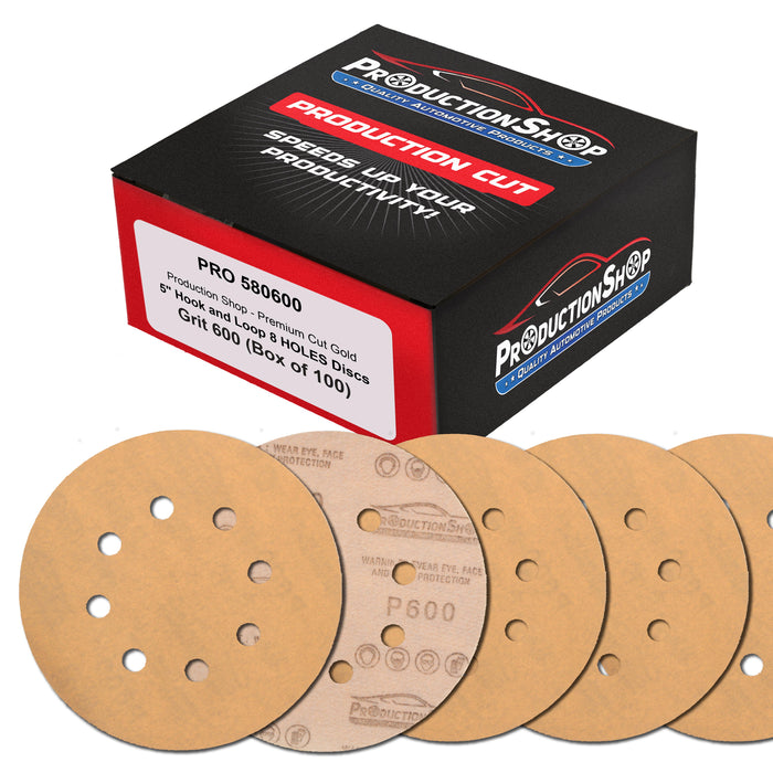 Premium 600 Grit 5" Gold Sanding Discs, 8-Hole Pattern, Box of 100 - Dustless Hook & Loop Backing Sandpaper for DA & Random Orbital Sanders, Sand Auto Paint, Wood Woodworking Furniture