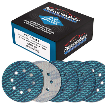 Premium 60 Grit 5" Rhombus Diamond Shape Blue Sanding Discs, 8-Hole, Box of 50 - Hook & Loop Anti-Clogging J-Cloth Dustless Sandpaper for Random Orbital Sanders