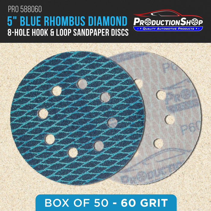 Premium 60 Grit 5" Rhombus Diamond Shape Blue Sanding Discs, 8-Hole, Box of 50 - Hook & Loop Anti-Clogging J-Cloth Dustless Sandpaper for Random Orbital Sanders, Sand Auto Paint, Wood
