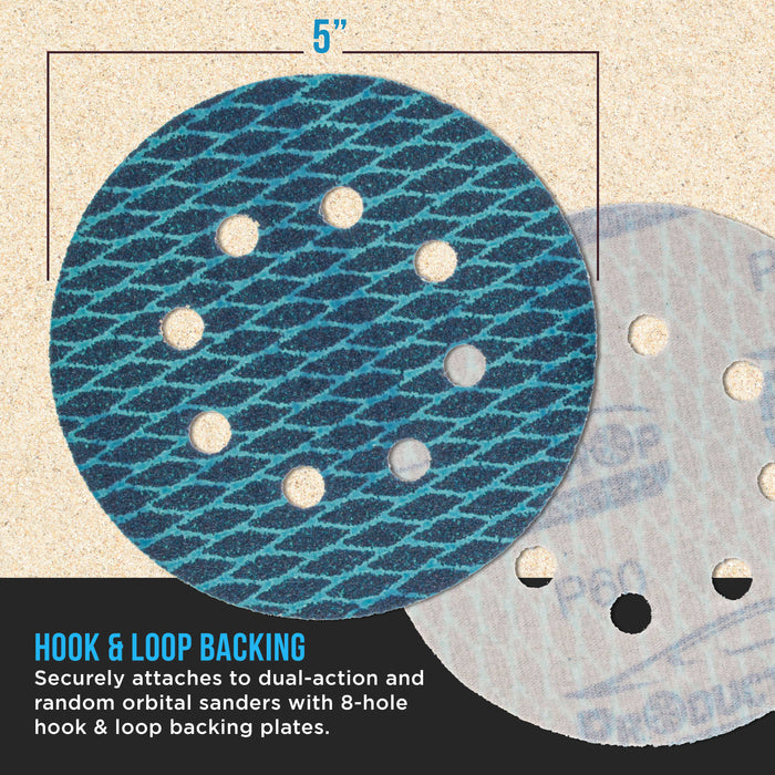 Premium 60 Grit 5" Rhombus Diamond Shape Blue Sanding Discs, 8-Hole, Box of 50 - Hook & Loop Anti-Clogging J-Cloth Dustless Sandpaper for Random Orbital Sanders, Sand Auto Paint, Wood