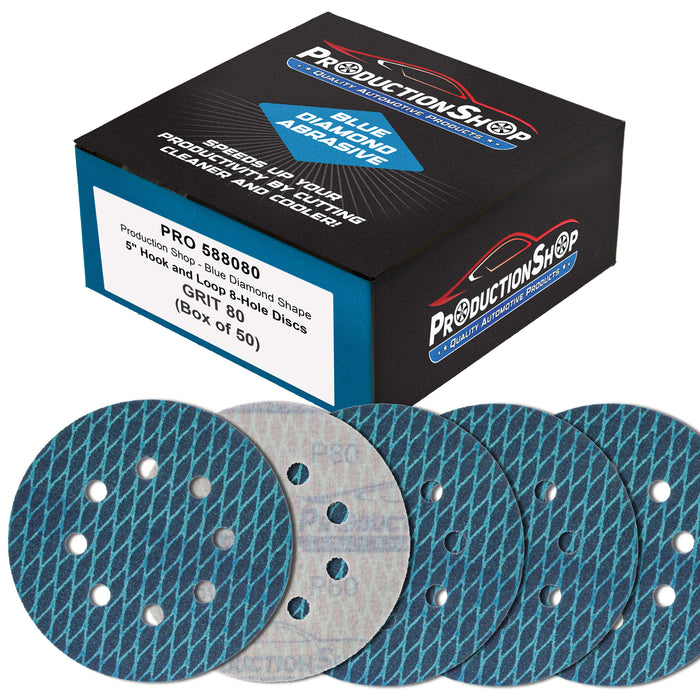 Premium 80 Grit 5" Rhombus Diamond Shape Blue Sanding Discs, 8-Hole, Box of 50 - Hook & Loop Anti-Clogging J-Cloth Dustless Sandpaper for Random Orbital Sanders, Sand Auto Paint, Wood