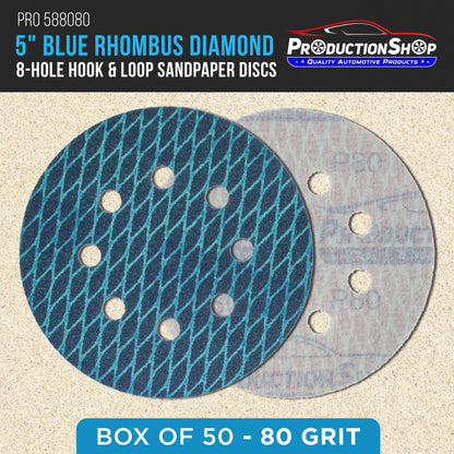 Premium 80 Grit 5" Rhombus Diamond Shape Blue Sanding Discs, 8-Hole, Box of 50 - Hook & Loop Anti-Clogging J-Cloth Dustless Sandpaper for Random Orbital Sanders