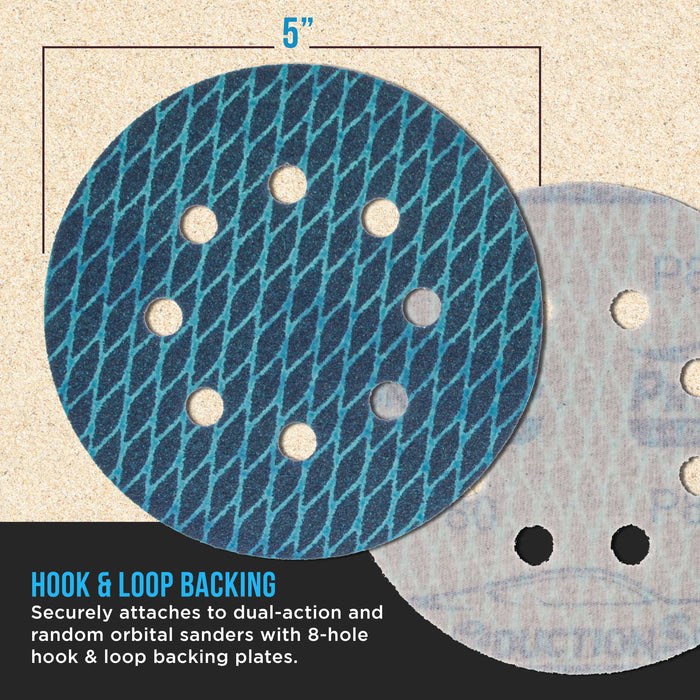 Premium 80 Grit 5" Rhombus Diamond Shape Blue Sanding Discs, 8-Hole, Box of 50 - Hook & Loop Anti-Clogging J-Cloth Dustless Sandpaper for Random Orbital Sanders, Sand Auto Paint, Wood