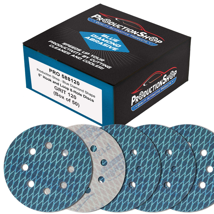 Premium 120 Grit 5" Rhombus Diamond Shape Blue Sanding Discs, 8-Hole, Box of 50 - Hook & Loop Anti-Clogging J-Cloth Dustless Sandpaper for Random Orbital Sanders, Sand Auto Paint, Wood