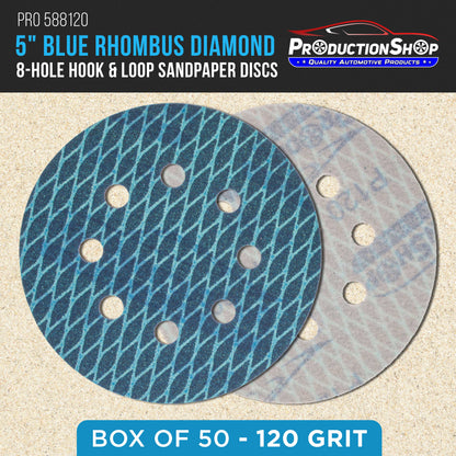 Premium 120 Grit 5" Rhombus Diamond Shape Blue Sanding Discs, 8-Hole, Box of 50 - Hook & Loop Anti-Clogging J-Cloth Dustless Sandpaper for Random Orbital Sanders