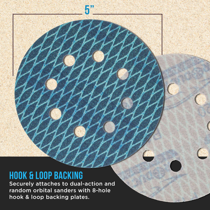 Premium 120 Grit 5" Rhombus Diamond Shape Blue Sanding Discs, 8-Hole, Box of 50 - Hook & Loop Anti-Clogging J-Cloth Dustless Sandpaper for Random Orbital Sanders, Sand Auto Paint, Wood
