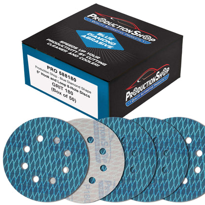 Premium 180 Grit 5" Rhombus Diamond Shape Blue Sanding Discs, 8-Hole, Box of 50 - Hook & Loop Anti-Clogging J-Cloth Dustless Sandpaper for Random Orbital Sanders