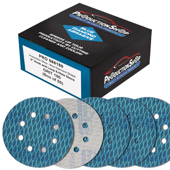 Premium 180 Grit 5" Rhombus Diamond Shape Blue Sanding Discs, 8-Hole, Box of 50 - Hook & Loop Anti-Clogging J-Cloth Dustless Sandpaper for Random Orbital Sanders, Sand Auto Paint, Wood