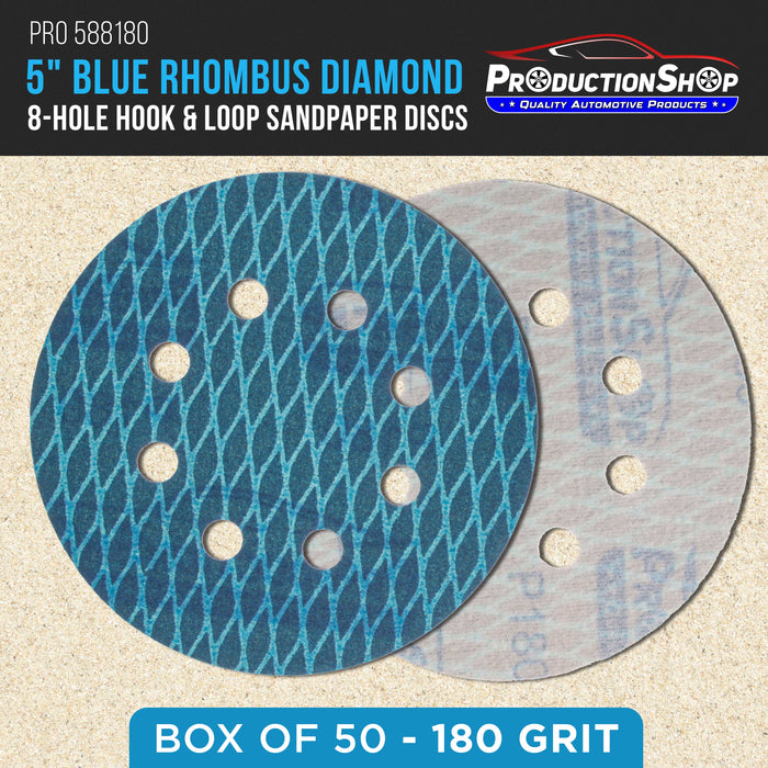 Premium 180 Grit 5" Rhombus Diamond Shape Blue Sanding Discs, 8-Hole, Box of 50 - Hook & Loop Anti-Clogging J-Cloth Dustless Sandpaper for Random Orbital Sanders, Sand Auto Paint, Wood